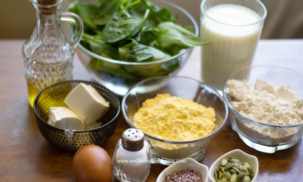 ingredients for making spinach muffins with feta
