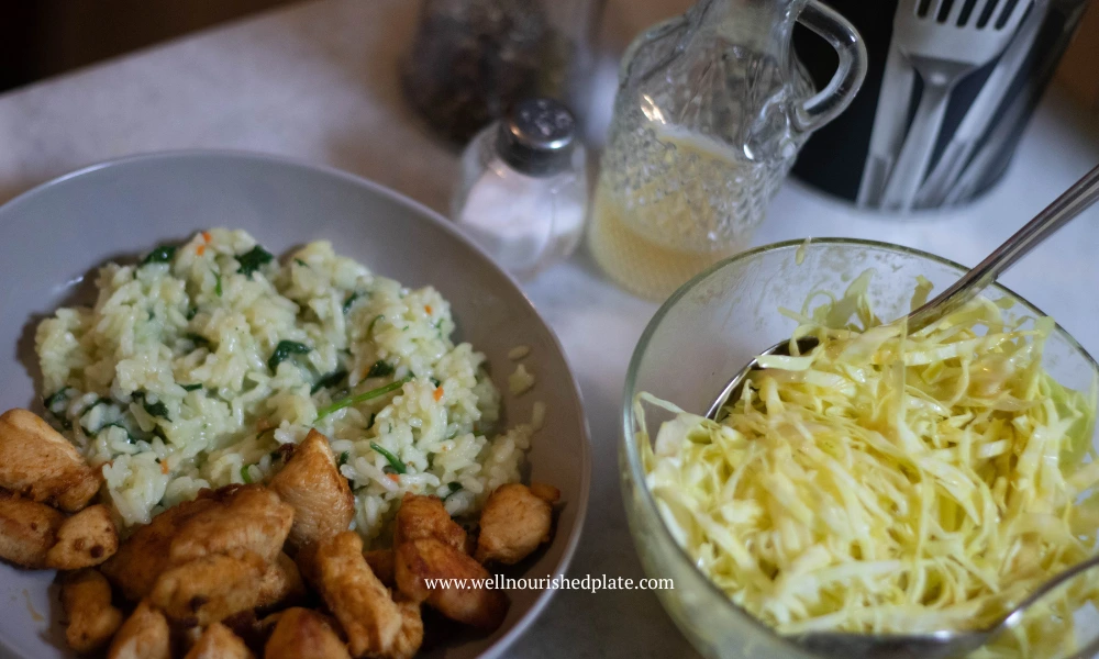 cabbage salad with fried chicken and rice